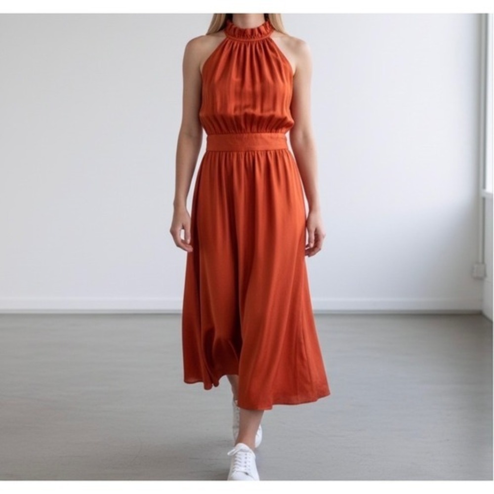 Banana Republic Halter Midi Dress Ruffle Neck Resort Wear Wedding Guest Orange 4 - Picture 1 of 6